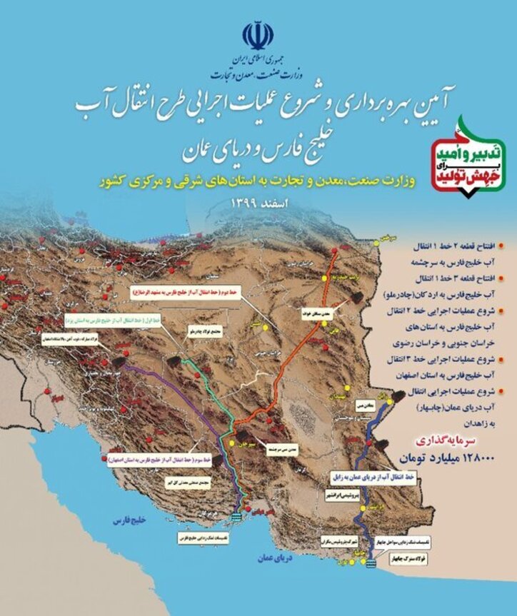 بهره برداری از طرح انتقال آب خلیج‌فارس به هفت استان مرکز کشور آغاز شد