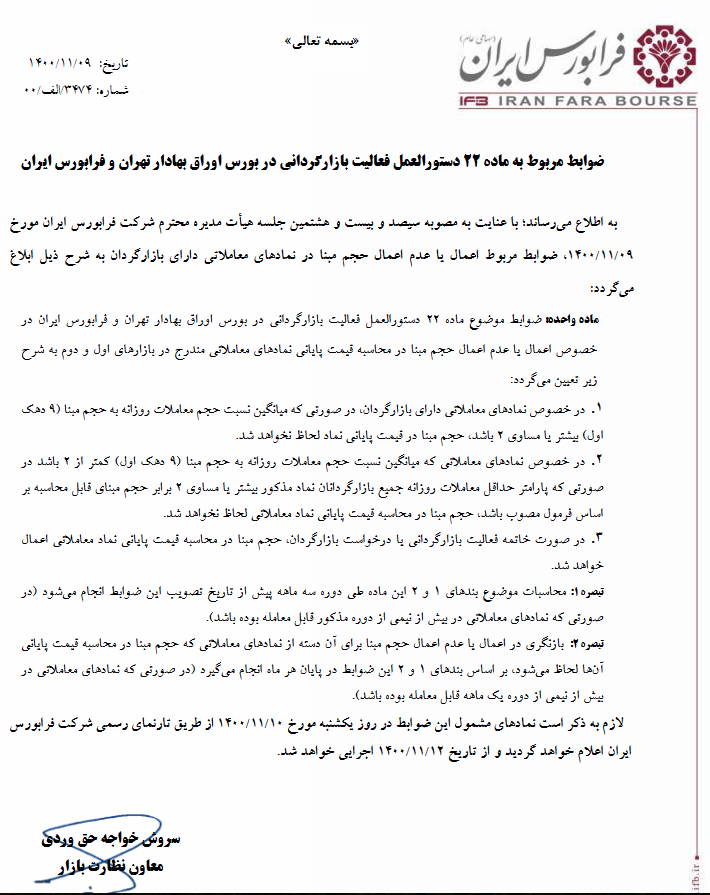 ضوابط دستورالعمل بازارگردانی: اعمال یا عدم اعمال حجم مبنا در محاسبه قیمت پایانی ضوابط دستورالعمل بازارگردانی: اعمال یا عدم اعمال حجم مبنا در محاسبه قیمت پایانی