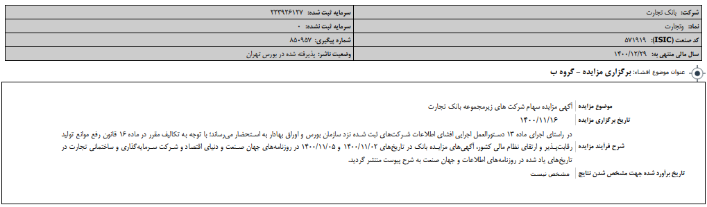 «وتجارت» مزایده دارد «وتجارت» مزایده دارد