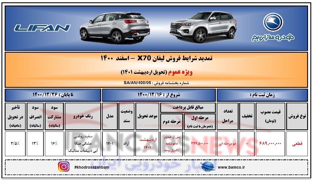 طرح فروش نقدی لیفان X ۷۰ ویژه اسفند ۱۴۰۰ با موعد تحویل اردیبهشت ۱۴۰۱+جدول و شرایط طرح فروش نقدی لیفان X ۷۰ ویژه اسفند ۱۴۰۰ با موعد تحویل اردیبهشت ۱۴۰۱+جدول و شرایط