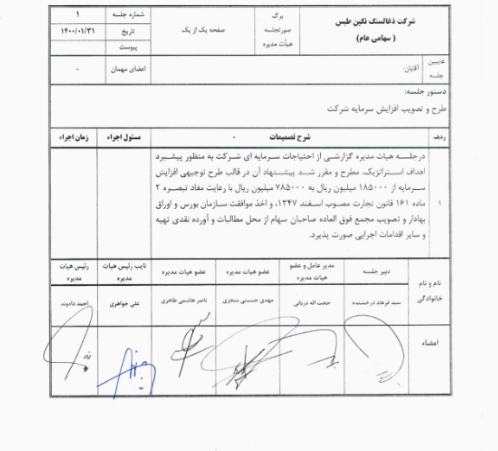 پیشنهاد افزایش سرمایه کطبس توسط هیات مدیره