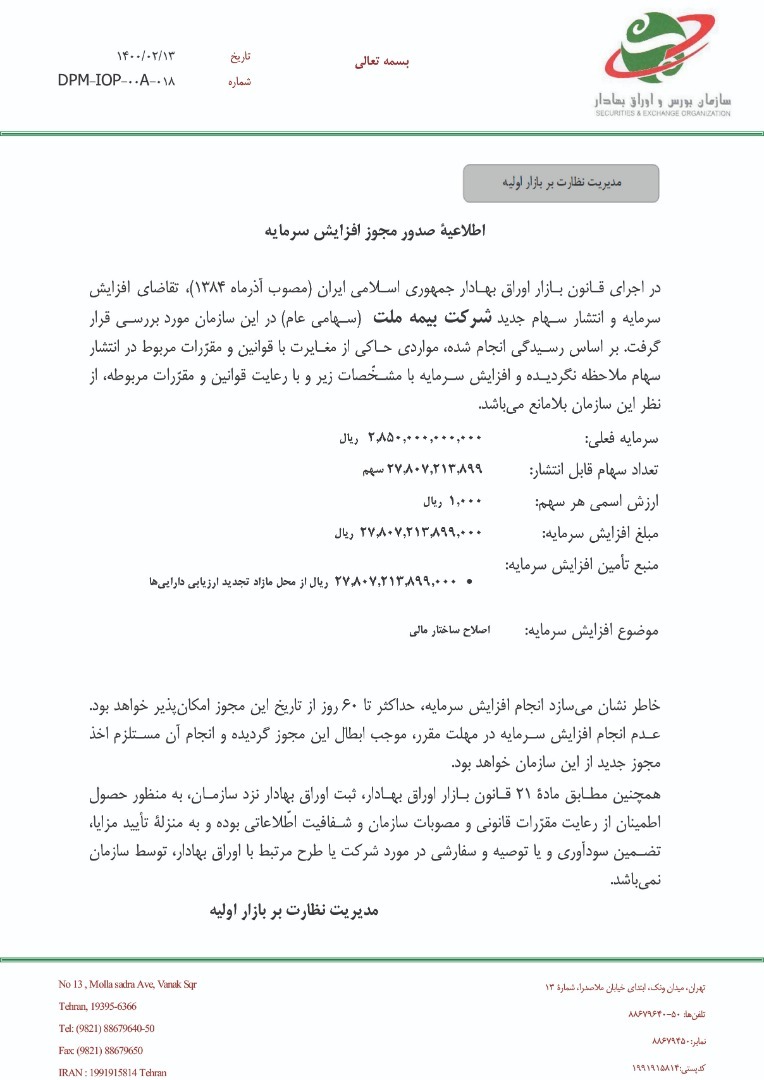 صدور مجوز افزایش سرمایه ۹۷۶ درصدی بیمه ملت صدور مجوز افزایش سرمایه ۹۷۶ درصدی بیمه ملت