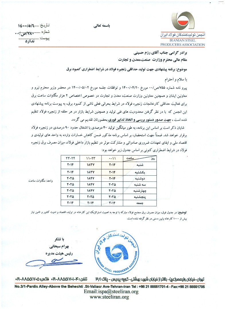 برنامه پیشنهادی انجمن فولاد برای شرایط اضطراری کمبود برق اعلام شد/ تولید ۴۰ درصدی فولاد فقط با ۲ هزار مگاوات ساعت برق برنامه پیشنهادی انجمن فولاد برای شرایط اضطراری کمبود برق اعلام شد/ تولید ۴۰ درصدی فولاد فقط با ۲ هزار مگاوات ساعت برق