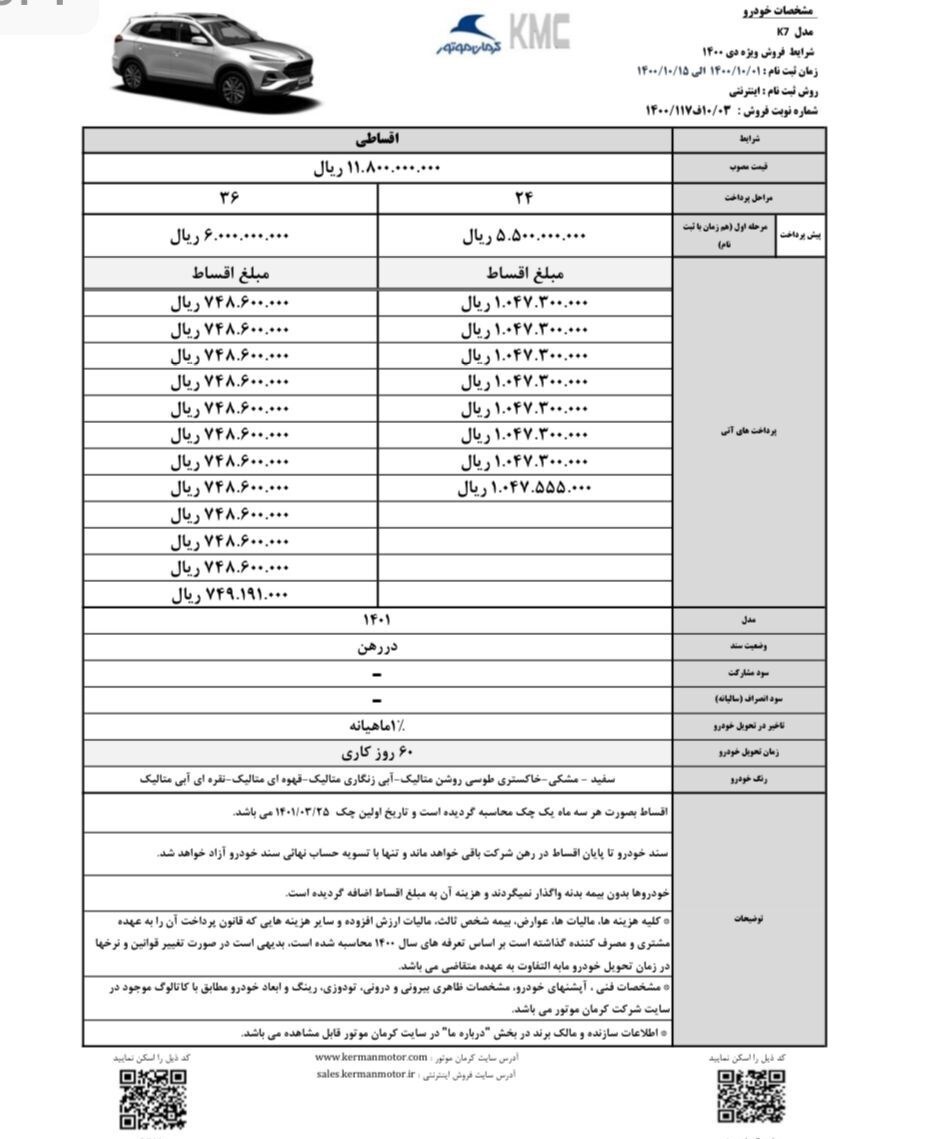 آغاز فروش اقساطی محصولات کرمان موتور + جدول