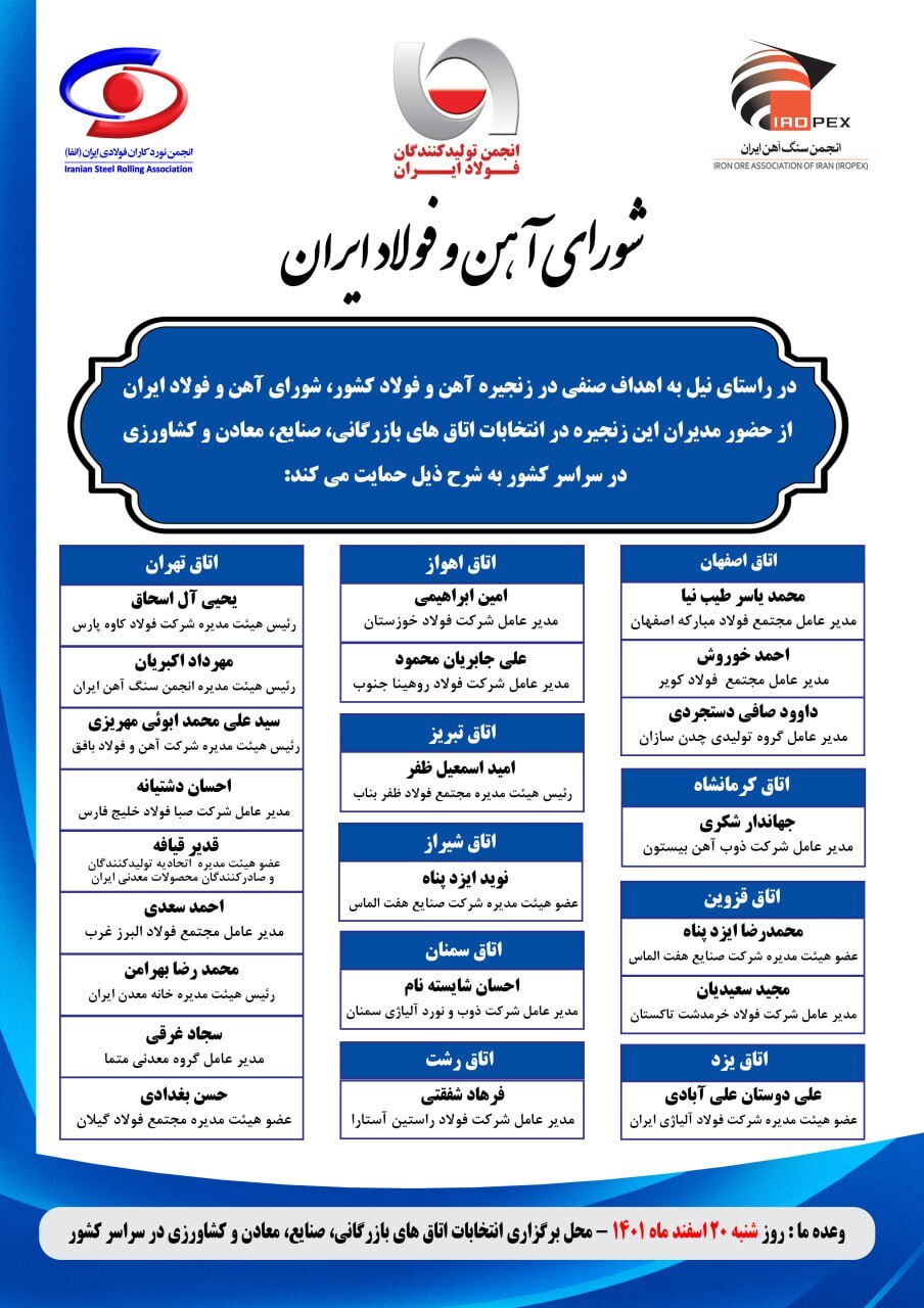 لیست صنفی مورد حمایت شورای آهن و فولاد در انتخابات اتاق&zwnj;های بازرگانی منتشر شد