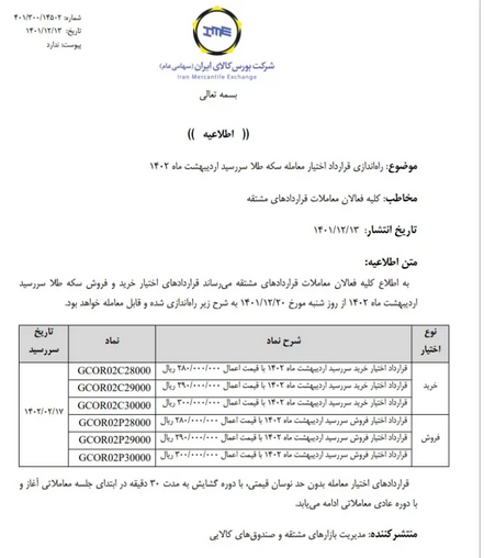 راهاندازی قراردادهای جدید اختیار معامله سکه از شنبه راهاندازی قراردادهای جدید اختیار معامله سکه از شنبه