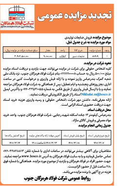 تجدید مزایده عمومی شرکت فولاد هرمزگان جنوب تجدید مزایده عمومی شرکت فولاد هرمزگان جنوب