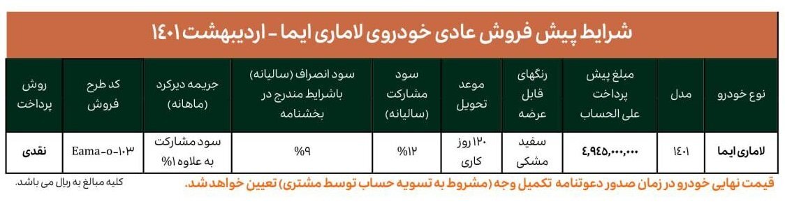 فروش خودروی لاماری ایما از ۲۷اردیبهشت/ قیمت چند است؟ فروش خودروی لاماری ایما از ۲۷اردیبهشت/ قیمت چند است؟