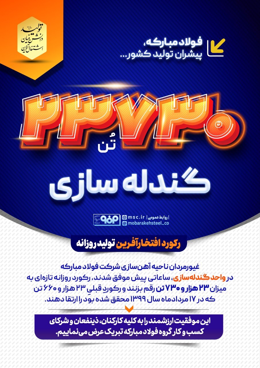 ثبت رکورد جدید تولید روزانه گندله در فولاد مبارکه ثبت رکورد جدید تولید روزانه گندله در فولاد مبارکه