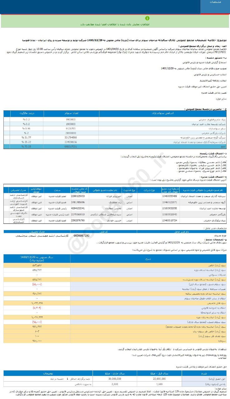 فتوسا ۱۰۰ ریال سود نقدی به هر سهم داد