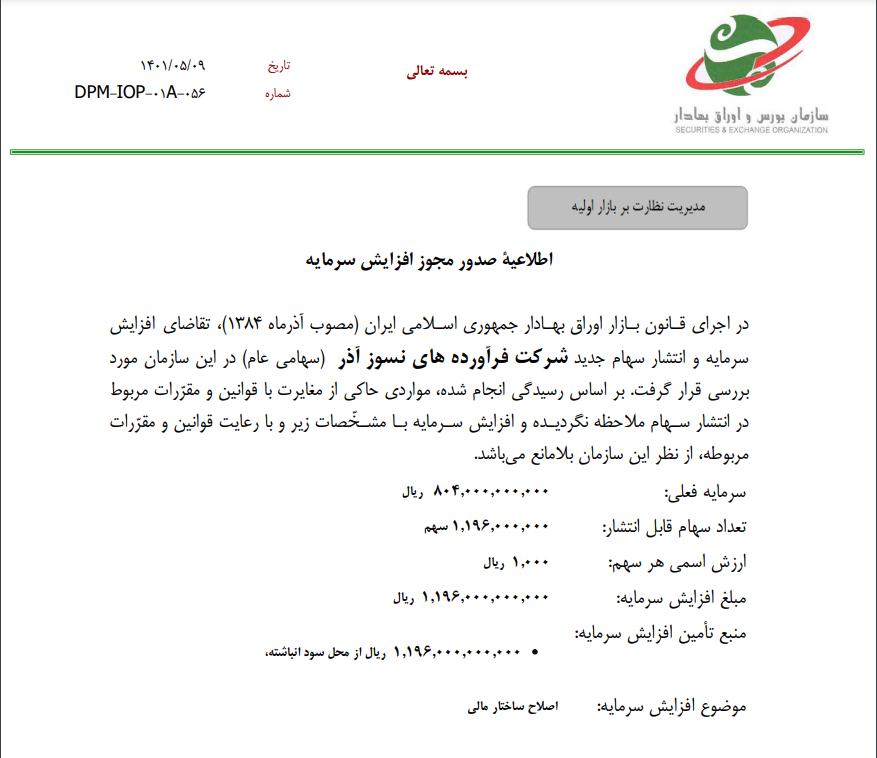 مجوز افزایش سرمایه «کاذر» صادر شد مجوز افزایش سرمایه «کاذر» صادر شد