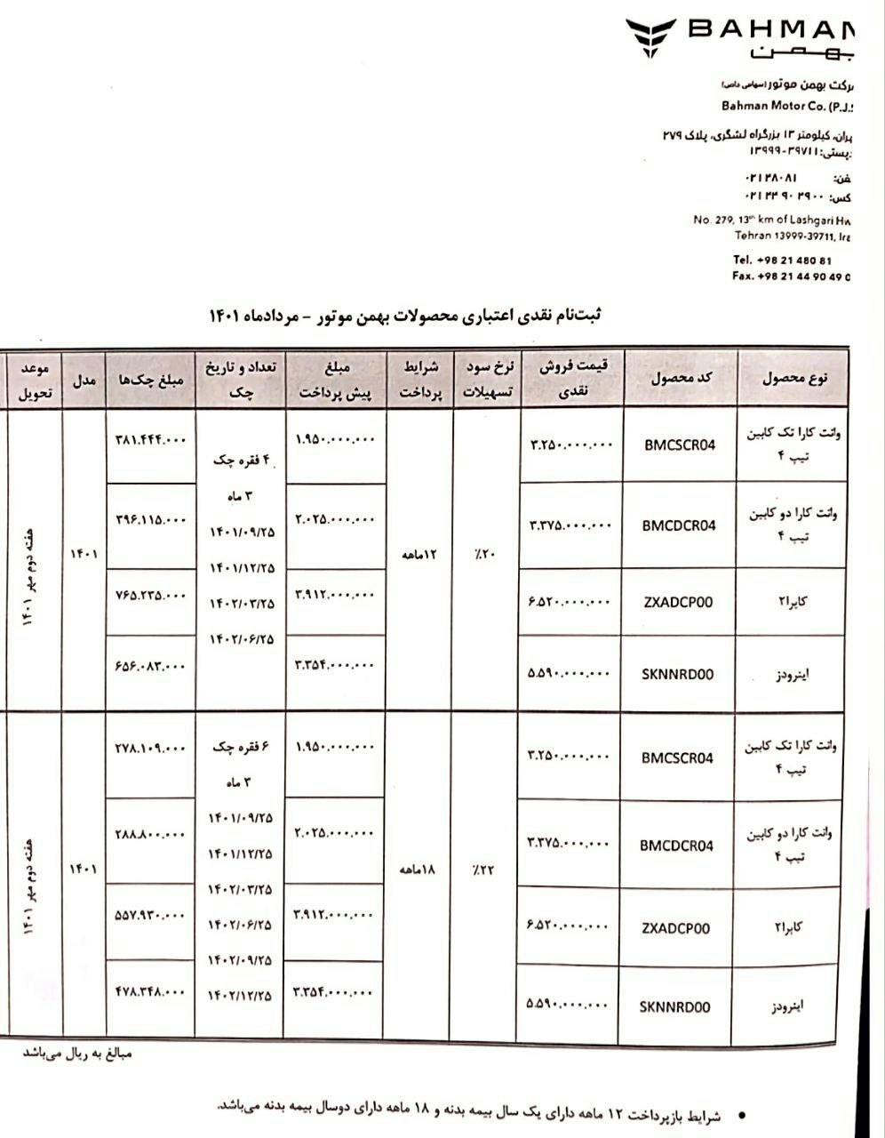 فروش نقدی و اقساطی بهمن موتور مرداد ۱۴۰۱/ وانت کارا تک کابین، دو کابین، اینرودز و کاپرا+جدول و شرایط فروش نقدی و اقساطی بهمن موتور مرداد ۱۴۰۱/ وانت کارا تک کابین، دو کابین، اینرودز و کاپرا+جدول و شرایط
