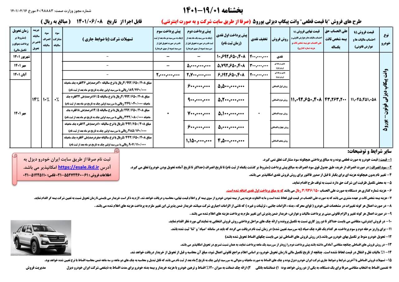 طرح فروش نقدی و اقساطی ایران خودرو/ پیکاپ فوتون دیزلی +جدول و شرایط طرح فروش نقدی و اقساطی ایران خودرو/ پیکاپ فوتون دیزلی +جدول و شرایط