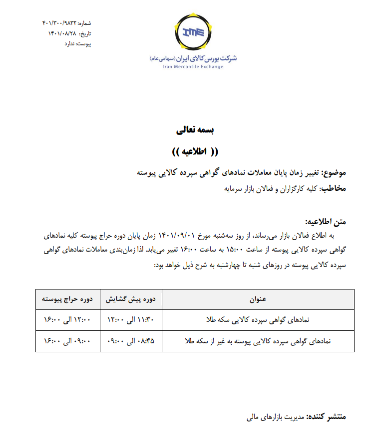 زمان معاملات بازارهای مالی و مشتقه بورس کالا تغییر کرد زمان معاملات بازارهای مالی و مشتقه بورس کالا تغییر کرد