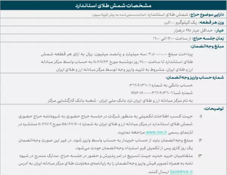 هفتمین حراج حضوری شمش طلا در مرکز مبادله سهشنبه برگزار میشود هفتمین حراج حضوری شمش طلا در مرکز مبادله سهشنبه برگزار میشود