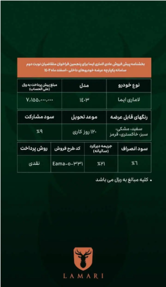 بخشنامه پیش فروش عادی خودرو لاماری ایما اعلام شد بخشنامه پیش فروش عادی خودرو لاماری ایما اعلام شد