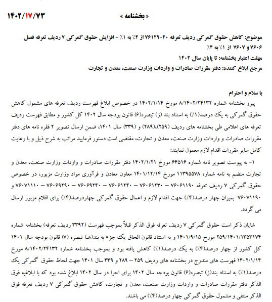 حقوق گمرکی ۷ ردیف تعرفه کالایی به ۴ درصد افزایش یافت