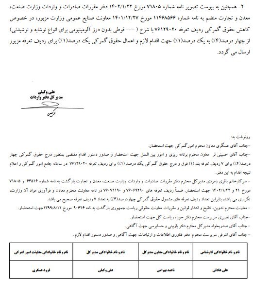 حقوق گمرکی ۷ ردیف تعرفه کالایی به ۴ درصد افزایش یافت