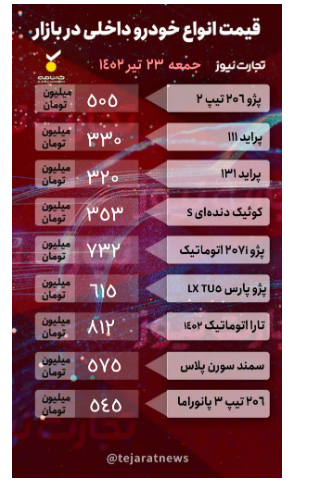 قیمت خودرو ۲۳ تیر ۱۴۰۲/موتور بازار خاموش شد