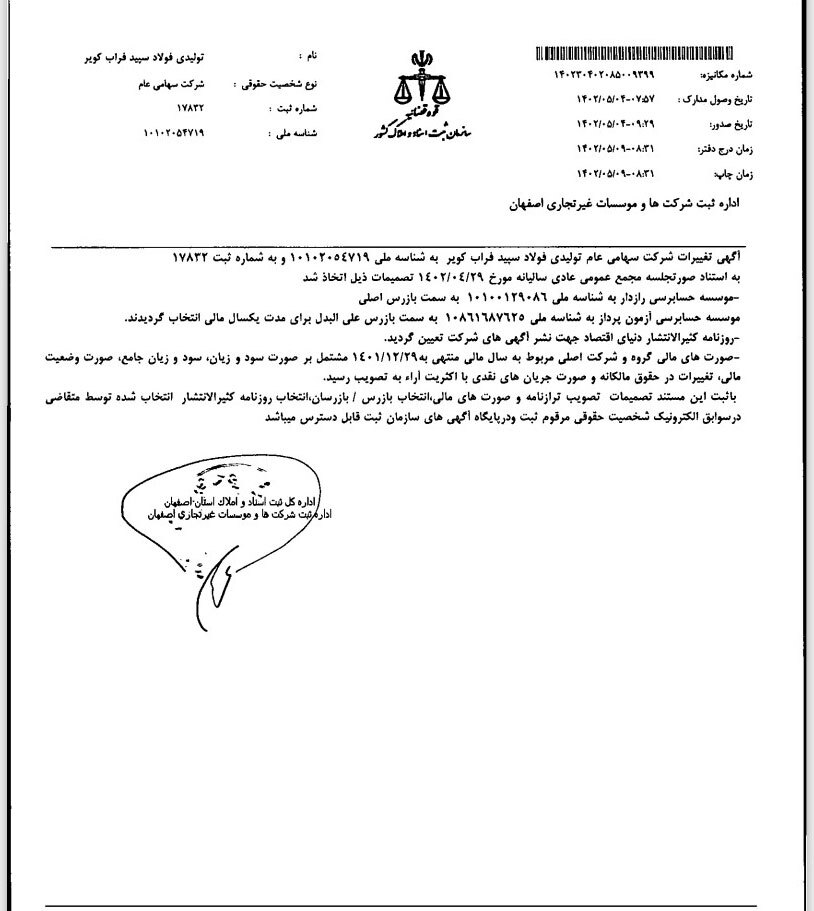 تصمیمات مجمع عادی سالیانه شرکت تولیدی فولاد سپید فراب کویر تصمیمات مجمع عادی سالیانه شرکت تولیدی فولاد سپید فراب کویر