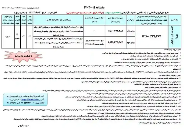 بخشنامه جدید فروش کامیون آرنا پلاس بصورت نقد و اقساط