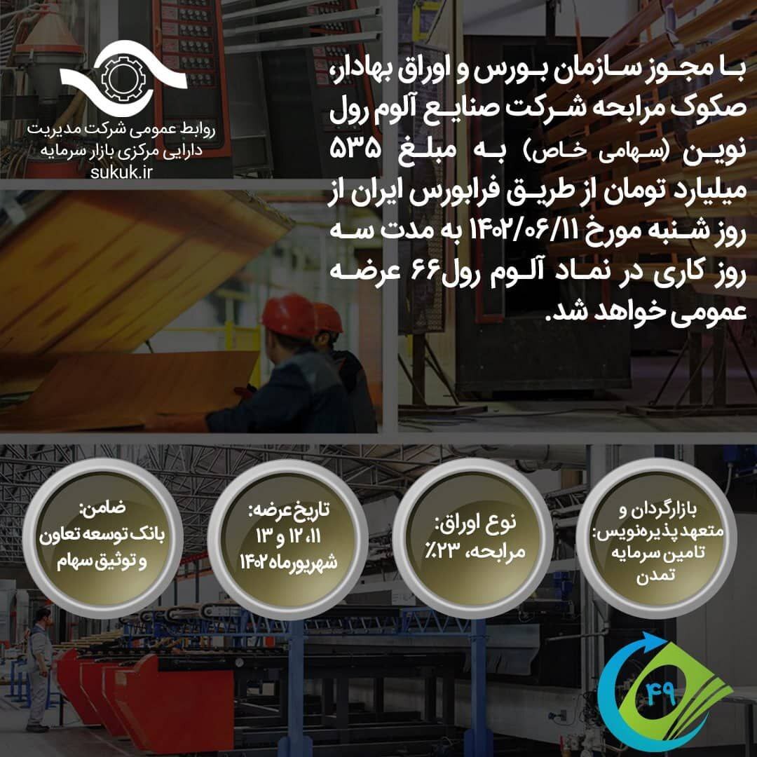 عرضه صکوک مرابحه ۵۳۵ میلیارد تومانی شرکت صنایع آلوم رول نوین عرضه صکوک مرابحه ۵۳۵ میلیارد تومانی شرکت صنایع آلوم رول نوین