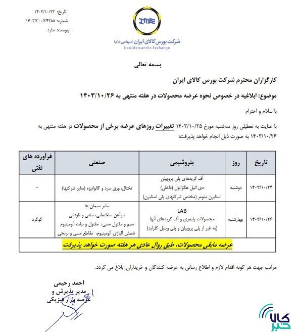 اطلاعیه بورس کالا در خصوص نحوه عرضه محصولات در هفته جاری اطلاعیه بورس کالا در خصوص نحوه عرضه محصولات در هفته جاری