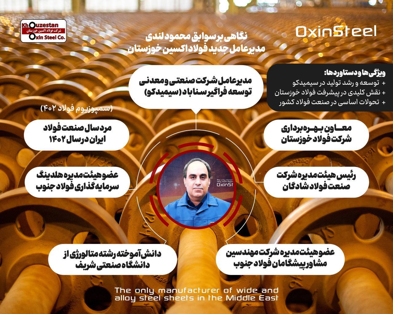 «محمود لندی» مدیرعامل جدید شرکت فولاد اکسین خوزستان شد «محمود لندی» مدیرعامل جدید شرکت فولاد اکسین خوزستان شد