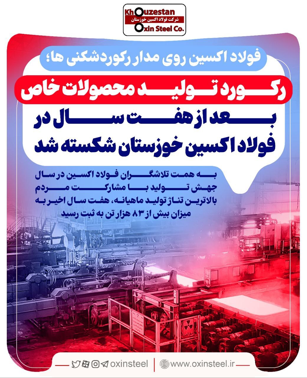 رکورد تولید محصولات خاص در فولاد اکسین خوزستان پس از هفت سال شکسته شد