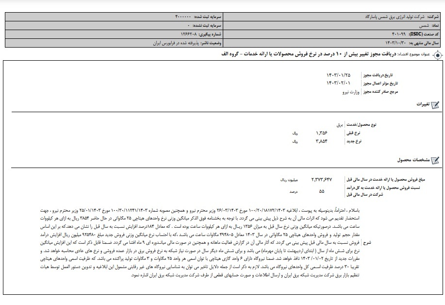 مهمترین اخبار کدال ۲۱ آبان ۱۴۰۳/ از افزایش قیمت فروش شرکت تولید انرژی برق تا پذیرش تعهدات جدید مهمترین اخبار کدال ۲۱ آبان ۱۴۰۳/ از افزایش قیمت فروش شرکت تولید انرژی برق تا پذیرش تعهدات جدید