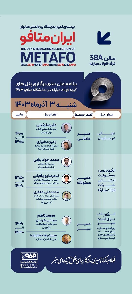 برگزاری پنلهای تخصصی فولاد مبارکه در اولین روز از بیستویکمین نمایشگاه بینالمللی ایران متافو برگزاری پنلهای تخصصی فولاد مبارکه در اولین روز از بیستویکمین نمایشگاه بینالمللی ایران متافو
