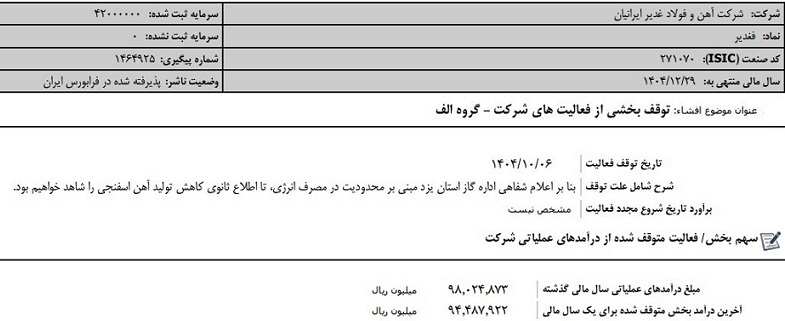 تولید «فغدیر» کاهش یافت تولید «فغدیر» کاهش یافت