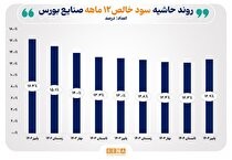 روند حاشیه سود خالص ۱۲ ماهه صنایع منتخب بازار سرمایه/ میانگین حاشیه سود صنایع بورس به ۱۲.۹ درصد رسید