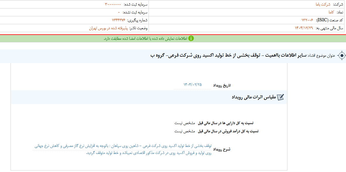 توقف بخشی از خط تولید کاما توقف بخشی از خط تولید کاما