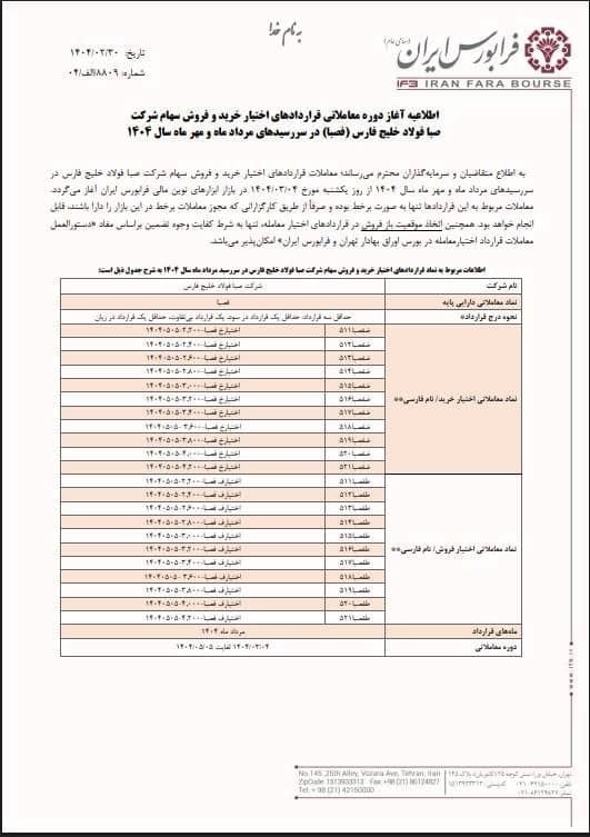 آغاز قراردادهای اختیار خرید و فروش «فصبا» از ۰۴ خردادماه آغاز قراردادهای اختیار خرید و فروش «فصبا» از ۰۴ خردادماه