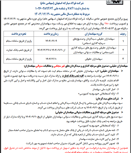 فولاد مبارکه زمانبندی پرداخت سود را اعلام کرد فولاد مبارکه زمانبندی پرداخت سود را اعلام کرد