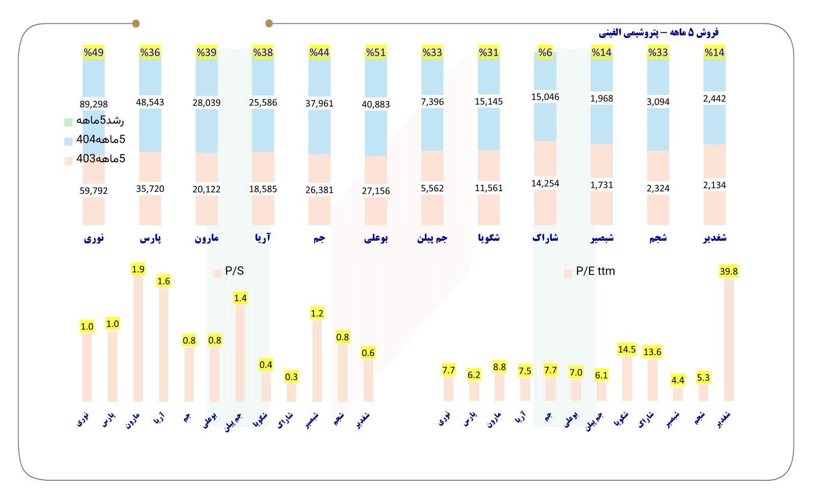 جدول فروش پنج ماهه ۱۸ شرکت پتروشیمی+ آخرین نسبت P/E و P/S